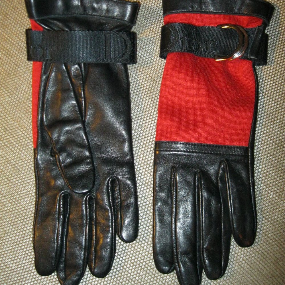 ❤️AMAZING! Gloves CHRISTIAN DIOR Made in France Red Black LAMBSKIN /SPANDEX 6.5